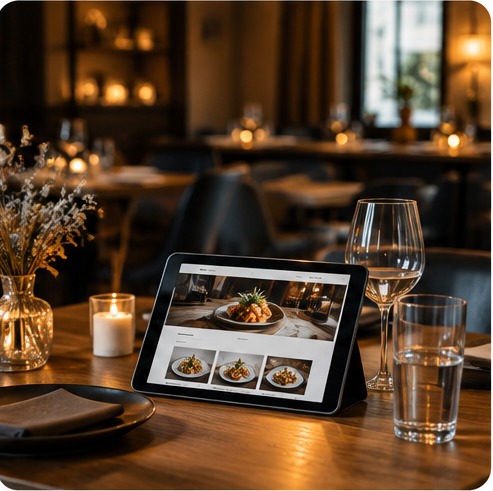 Pessoa a explorar um website de restaurante num portátil